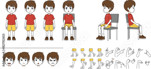 Animated Vector Character Sheet of a Young Boy with Different Expressions, Front and Side View Poses, Sitting, Standing, and Interchangeable Limbs for Game Design, Storytelling, and Motion Graphics