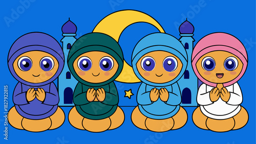 Cartoon illustration of four muslim children praying with a crescent moon and mosque in the background