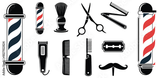 barbershop icons set, 12 hair salon elements, haircut tools, scissors, combs, razors, barber pole, male and female hairstyles, isolated design.