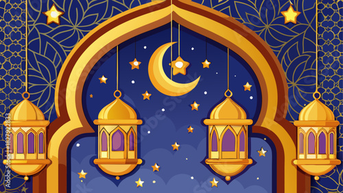 Illustration of lanterns and crescent moon with stars on a blue patterned background design element