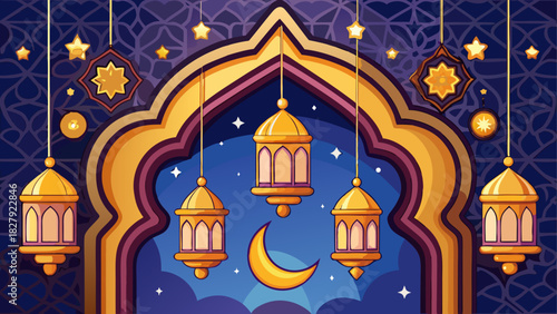 Illustration of ramadan decorations with lanterns, stars, crescent moon and ornate archway design