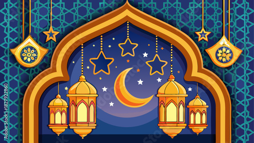 Golden archway framing crescent moon and stars with hanging lanterns for ramadan celebration design