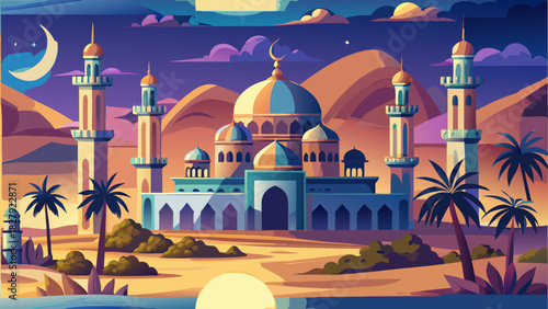 Illustration of a grand mosque with minarets and palm trees under a crescent moon at twilight hour