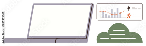 Laptop displaying a chart, growth graph, and user statistics above a cloud icon. Ideal for technology, cloud computing, data analysis, business growth, digital tools, research visualization simple
