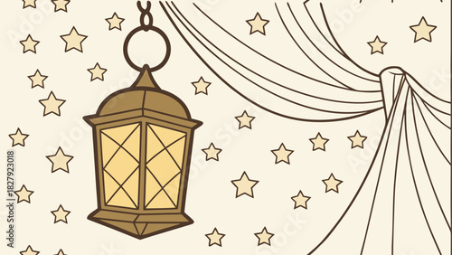 Illustration of a hanging lantern surrounded by stars and draped curtains in a cozy setting scene