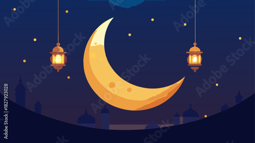 Illustration of crescent moon with lanterns and stars on a dark blue night time background scene