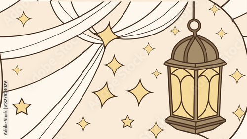 Illustration featuring a hanging lantern with stars and draped fabric in a soft color palette