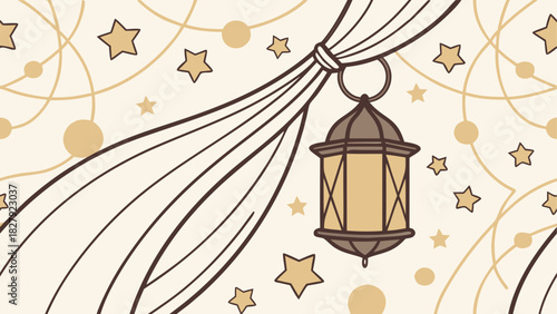 Illustration of a hanging lantern with stars and draped fabric on a light beige colored background