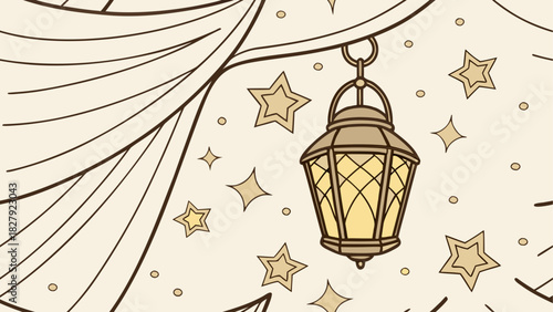 Illustration of a hanging lantern surrounded by stars and tree branches on a beige background
