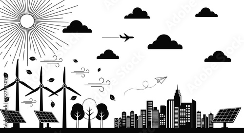 Monochrome Vector Silhouette Illustration Depicting Sustainable Urban Development with Wind Turbines, Solar Panels, Trees, a City Skyline, Clouds, and Sunrays, Emphasizing Renewable Energy and Environ