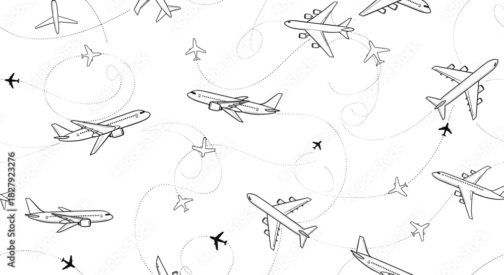 Obraz premium Seamless Hand-Drawn Outline Vector Pattern of Airplanes and Dotted Flight Paths, Illustrating Global Travel, Aviation, Logistics, Transportation Network, and Worldwide Passenger Movement Background.