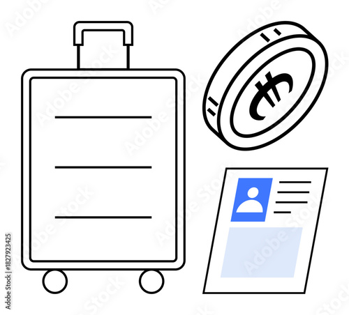 Travel concept. Travel essentials with luggage, digital currency, and ID card modern mobility. Travel exploring global finance and identification. For tourism, business trips, digital payments