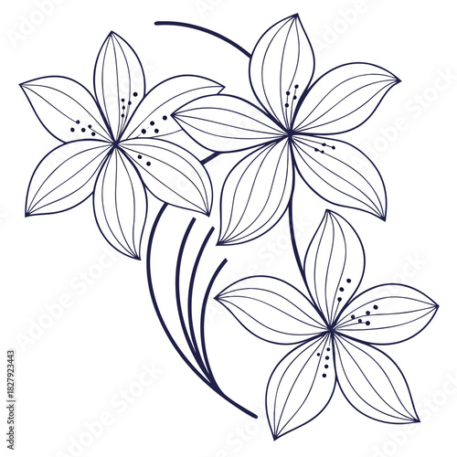 Elegant dark blue outline flowers with delicate petals and stems