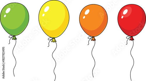 Vibrant Set of Four Round Helium Balloons Vector Illustration in Bright Green, Yellow, Orange, and Red Colors with Strings, Ideal for Birthday Parties, Festive Events, Decoration, and Celebration Desi