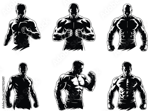 Aggressive Set of Six Vector Illustrations Featuring Muscular Male Fighters or Boxers in Striking Poses, Highlighting Strength, Power, and Athleticism with Dramatic Lighting.