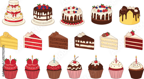 Delicious Vector Set of Birthday and Party Desserts Featuring Layered Cakes, Chocolate Drip Cakes, Berry Toppings, Assorted Cake Slices, and Sweet Decorated Cupcakes with Candles