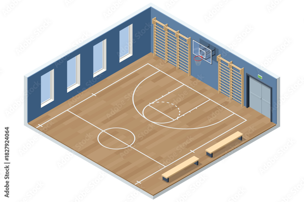 Fototapeta premium Basketball court. Isometric outdoor basketball court with bleachers, trees, scoreboard, and adjacent parking area. Detailed sports facility illustration.