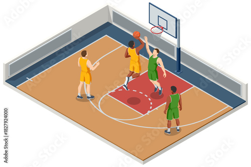 Isometric illustration of a basketball player in an orange uniform jumping hand on the ball to make a powerful shot toward the hoop. Dynamic sports action moment. Basketball court