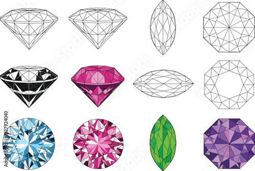 Detailed Vector Collection of Diamond and Gemstone Cuts Showing Brilliant, Marquise, and Octagon Shapes in Wireframe, Black Silhouette, and Colorful Faceted Jeweler Diagrams for Luxury Design.