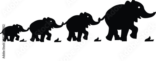 Elephant Family Silhouette Walking in Line – Mother and Calves, Safari Wildlife Vector Illustration