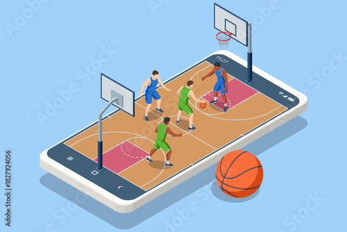 Isometric illustration of a basketball game played on a smartphone screen, with players in blue and green uniforms competing on a virtual court. Concept of mobile sport, gaming, and digital