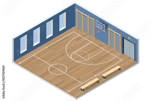 Basketball court. Isometric outdoor basketball court with bleachers, trees, scoreboard, and adjacent parking area. Detailed sports facility illustration.