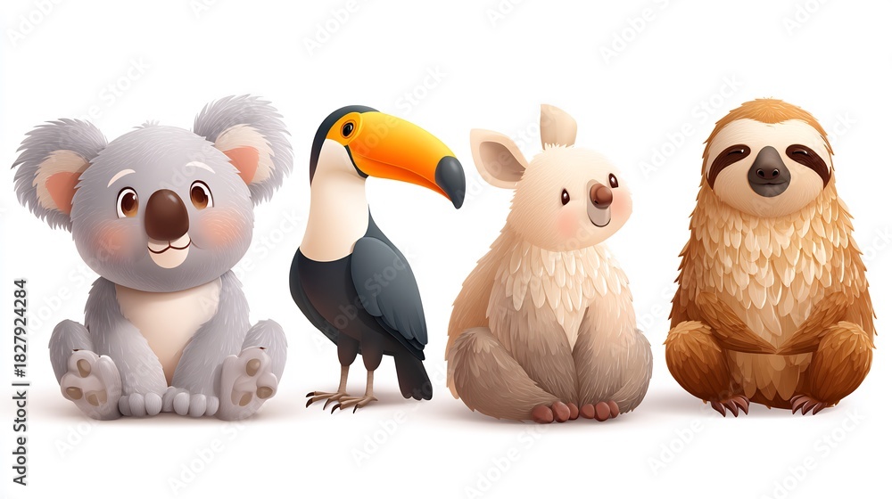 Naklejka premium Cute Cartoon Tropical Animals Isolated on White.