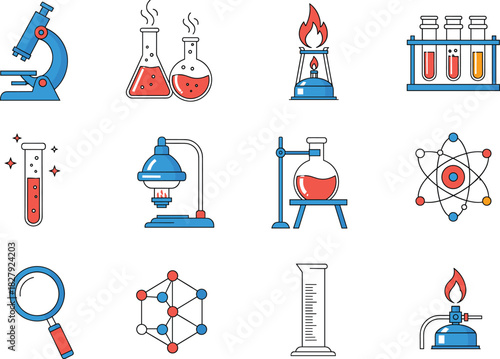 Vector Icon Set of Laboratory and Science Equipment Featuring a Microscope, Test Tubes, Flasks, Bunsen Burner, Magnifying Glass, Atom Structure, and Graduated Cylinder for Research and Education
