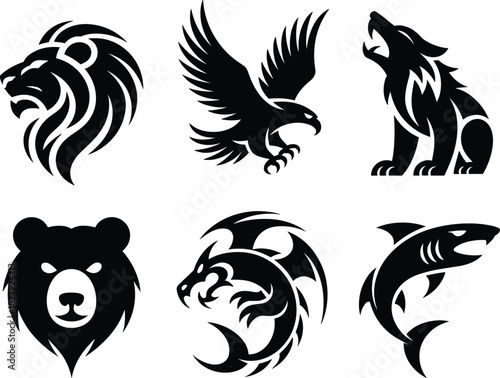 Aggressive Black and White Animal Mascot Vector Set Featuring Lion Head, Eagle, Howling Wolf, Bear, Mythical Dragon, and Shark Logos in a Bold Tribal Style.