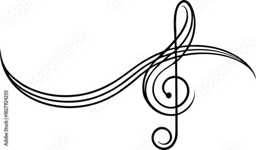Decorative treble clef with elegant swirling lines, music symbol illustration on white
