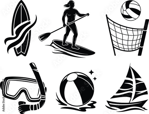 Monochromatic Vector Icons Featuring a Female Stand-Up Paddleboarder, Surfboard, Volleyball Net, Snorkeling Gear, Beach Ball, and Small Sailboat for Summer Activity Graphics and Logos.
