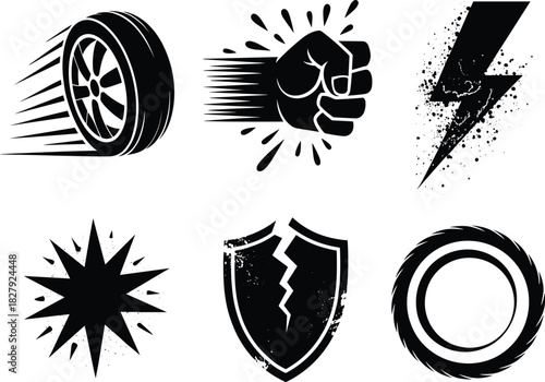 Dynamic and Distressed Vector Icon Collection Illustrating Power, Speed, Impact, Energy, and Force with Tire, Punch, Lightning, and Shield Graphics.