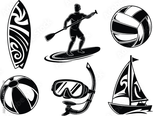 Black and White Monochrome Vector Set of Summer Beach and Water Sports Icons Including Surfing, Stand Up Paddleboarding, Snorkeling Gear, Sailboat, and Beach Ball Graphics.