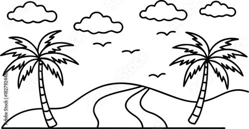 Simple outline drawing of two palm trees in a desert landscape with sand dunes and clouds