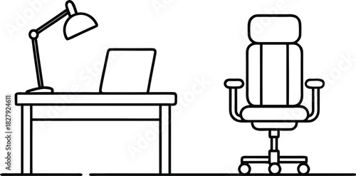 Home office workspace setup with laptop, desk lamp, and ergonomic chair line art illustration