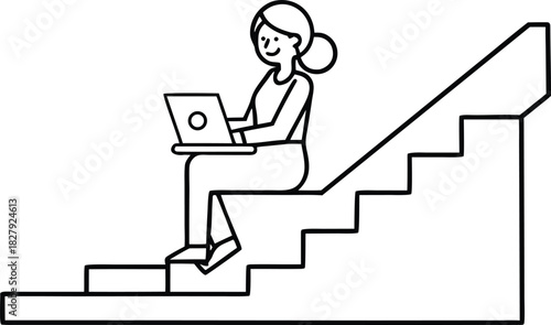 Female freelancer working remotely on laptop while sitting on an indoor staircase simple line art