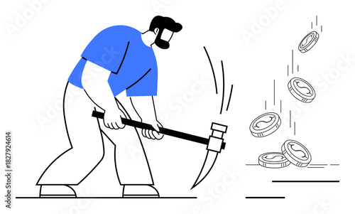 Man breaking the ground with pickaxe, extracting coins. Ideal for cryptocurrency, finance, mining, investment, hard work, earning innovation. Minimalist flat metaphor with bold lines