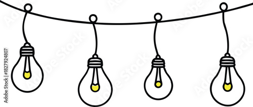 Hand drawn outline light bulbs string with yellow glowing filaments hanging on a wire. simple doodle.