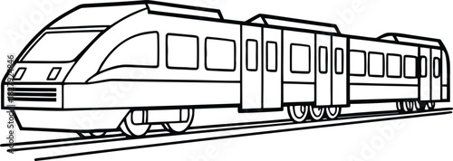 Modern passenger commuter train line art illustration black outline on railway tracks
