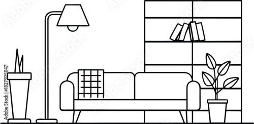 Modern minimalist living room interior with sofa, floor lamp, bookshelf, and potted plants.