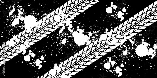 Tire tread marks, wheel textures, tire marks - car racing, motocross, drift, rally, off-road and others. Vector black isolated texture in grunge style with splashes.eps10
