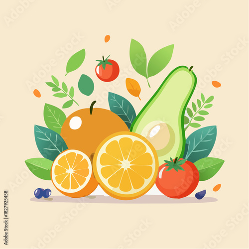 Fresh citrus fruits, ripe avocado and blueberries arranged with green leaves. Great for healthy food, vegan and vegetarian lifestyle, well-being and nutrition concepts.