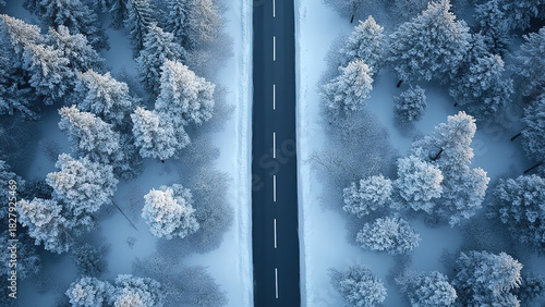 road in the middle of snow fir forest trees background, highway, winter 