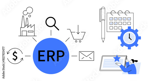 ERP hub with links to factory, magnifier, shopping cart, email, dollar sign, calendar, and tablet. Ideal for productivity, integration automation management workflow business processes simple