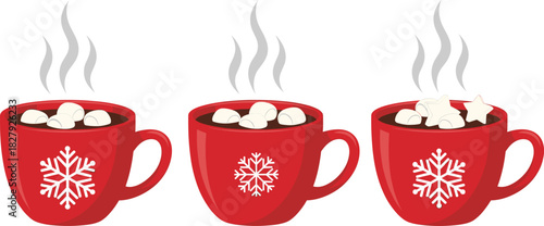 Red winter hot chocolate mugs with marshmallows and steam, cozy Christmas drink vector illustration set for holiday decor and seasonal design projects.