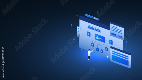 AI workflow automation artificial intelligence. AI workflow automation artificial intelligence. Businessman using AI agent automation system on screen dashboard.