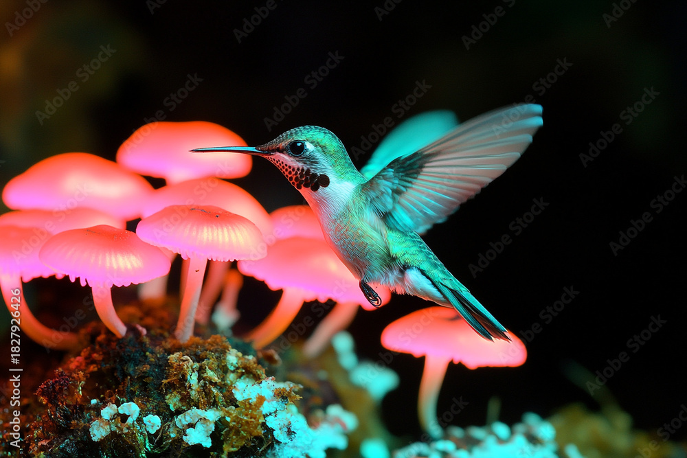 Naklejka premium tiny hummingbird hovering over cluster of bioluminescent mushrooms
