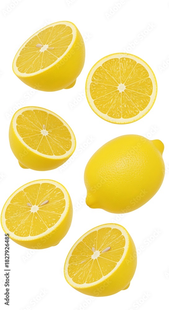 Fototapeta premium Fresh Yellow Lemons Sliced and Whole on White Background Group Shot