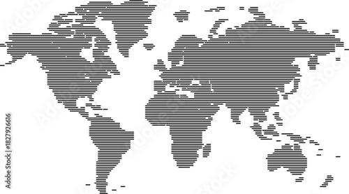 Global vector digital world map horizontal line pattern art view. Global strategy in a visual format with a global view of continents for business, technology, and travel purposes.