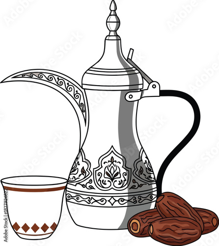 Traditional Arabic coffee pot with dates and cup, representing hospitality and cultural heritage